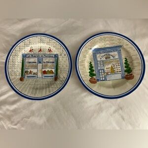 2 American Atelier French Bistro Decorative Blue and White Plates 8”